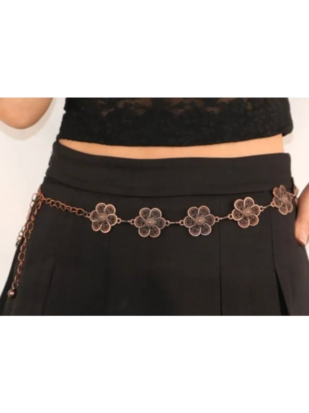 Bronze Metal Floral Chain Belt Adjustable Clasp Closure
